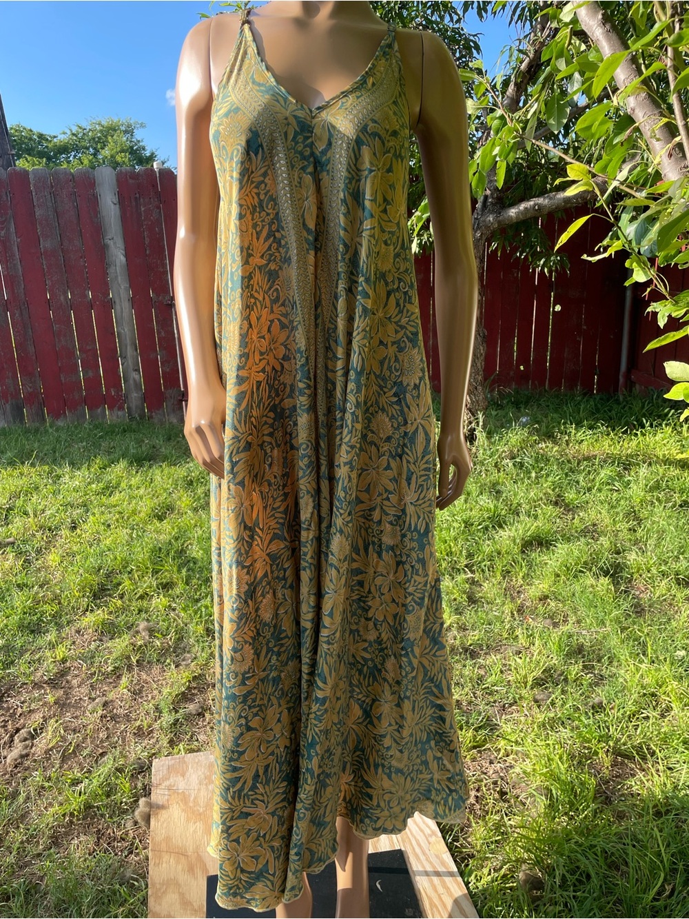 Floral V-Neck Maxi Slip Dress in Green and Gold